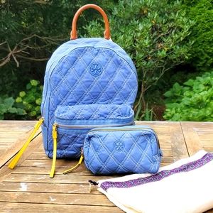 Tory Burch Blue Quilted Backpack with matching cosmetic bag